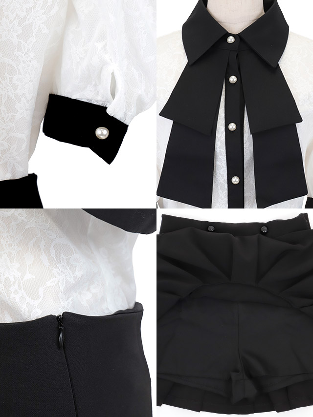 韓国ドレス ミミニドレス セットアップ モノトーン 襟付き ネックリボン 半袖 セットアップ 胸元カバー Aライン ワンピースのディティール1