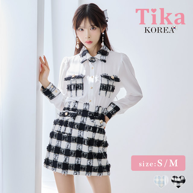 韓国ドレス ミニドレス セットアップ 襟付き 長袖 袖あり シアーブラウス ツイード調 ブロックチェック柄 胸元カバー タイト キャバドレスのメイン画像