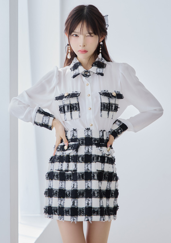 韓国ドレス ミニドレス セットアップ 襟付き 長袖 袖あり シアーブラウス ツイード調 ブロックチェック柄 胸元カバー タイト キャバドレスイメージ画像1