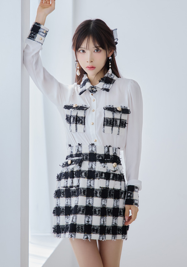 韓国ドレス ミニドレス セットアップ 襟付き 長袖 袖あり シアーブラウス ツイード調 ブロックチェック柄 胸元カバー タイト キャバドレスイメージ画像1