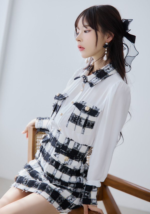 韓国ドレス ミニドレス セットアップ 襟付き 長袖 袖あり シアーブラウス ツイード調 ブロックチェック柄 胸元カバー タイト キャバドレスのイメージ画像2