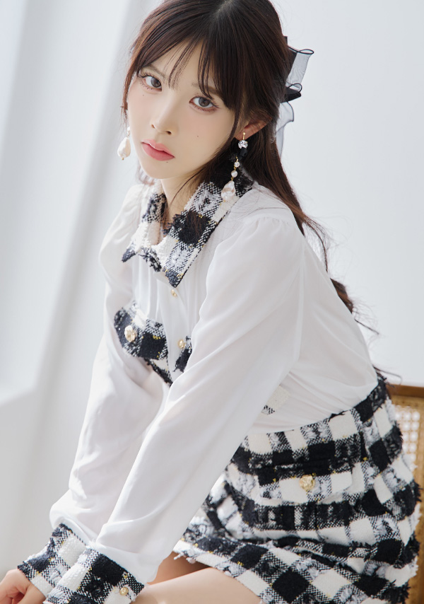 韓国ドレス ミニドレス セットアップ 襟付き 長袖 袖あり シアーブラウス ツイード調 ブロックチェック柄 胸元カバー タイト キャバドレスのイメージ画像2