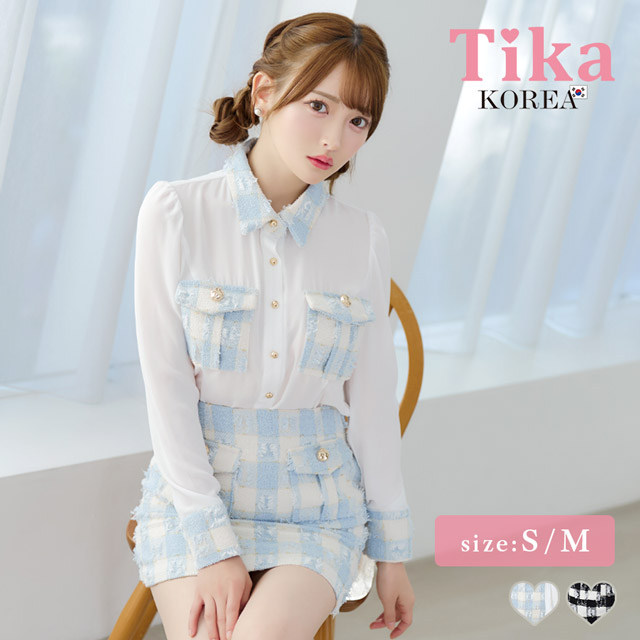 韓国ドレス ミニドレス セットアップ 襟付き 長袖 袖あり シアーブラウス ツイード調 ブロックチェック柄 胸元カバー タイト キャバドレスのメイン画像
