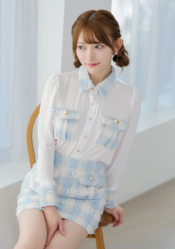 韓国ドレス ミニドレス セットアップ 襟付き 長袖 袖あり シアーブラウス ツイード調 ブロックチェック柄 胸元カバー タイト キャバドレスイメージ画像1