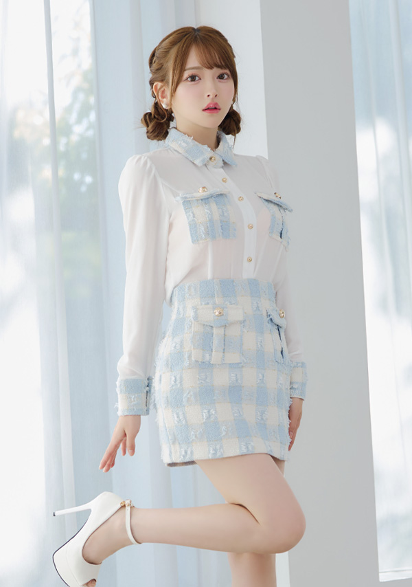 韓国ドレス ミニドレス セットアップ 襟付き 長袖 袖あり シアーブラウス ツイード調 ブロックチェック柄 胸元カバー タイト キャバドレスイメージ画像1