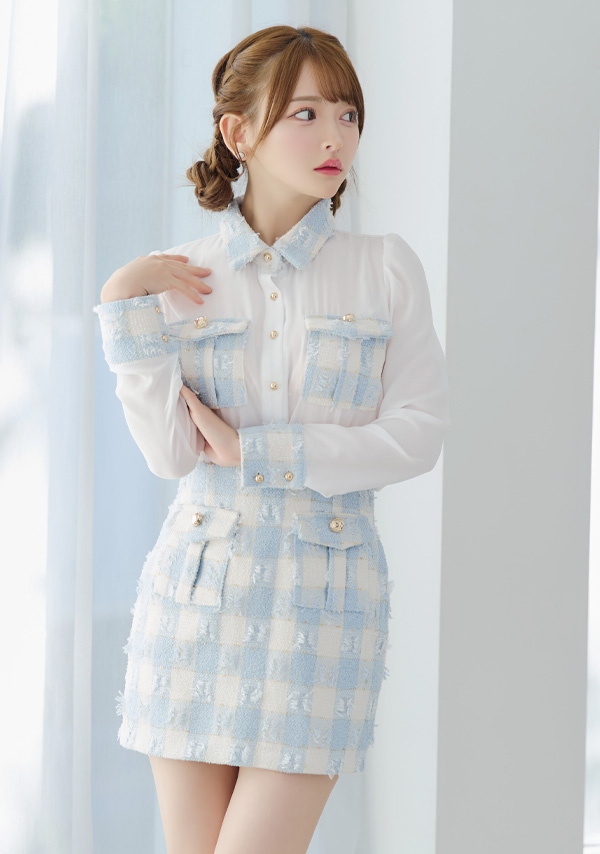 韓国ドレス ミニドレス セットアップ 襟付き 長袖 袖あり シアーブラウス ツイード調 ブロックチェック柄 胸元カバー タイト キャバドレスのイメージ画像2