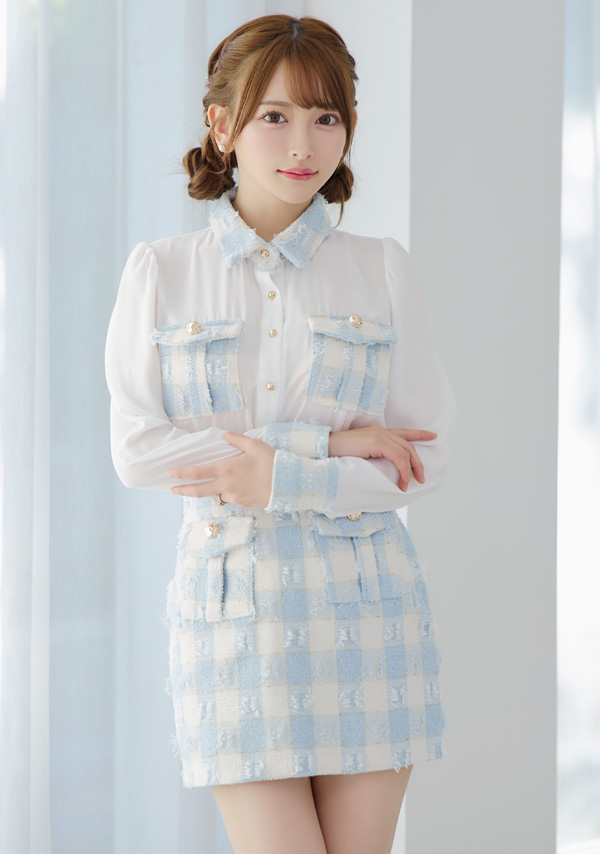 韓国ドレス ミニドレス セットアップ 襟付き 長袖 袖あり シアーブラウス ツイード調 ブロックチェック柄 胸元カバー タイト キャバドレスのイメージ画像2