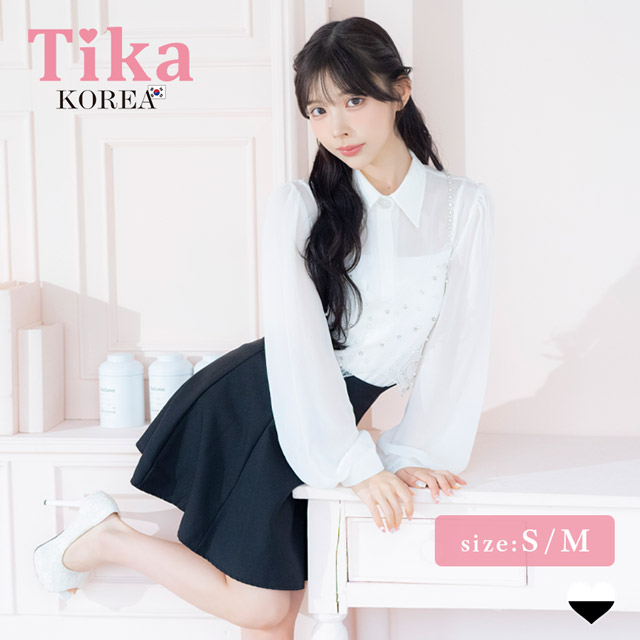 韓国ドレス ワンピース セットアップ キラキラ ビスチェ 長袖 袖あり シアー 襟付きシャツ 胸元カバー Aライン キャバドレスのメイン画像