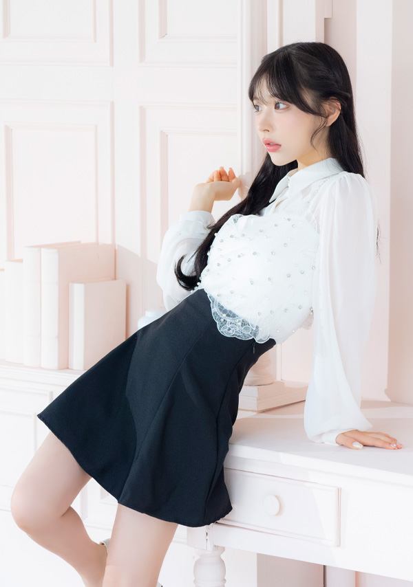 韓国ドレス ワンピース セットアップ キラキラ ビスチェ 長袖 袖あり シアー 襟付きシャツ 胸元カバー Aライン キャバドレスイメージ画像1