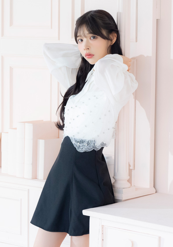 韓国ドレス ワンピース セットアップ キラキラ ビスチェ 長袖 袖あり シアー 襟付きシャツ 胸元カバー Aライン キャバドレスイメージ画像1