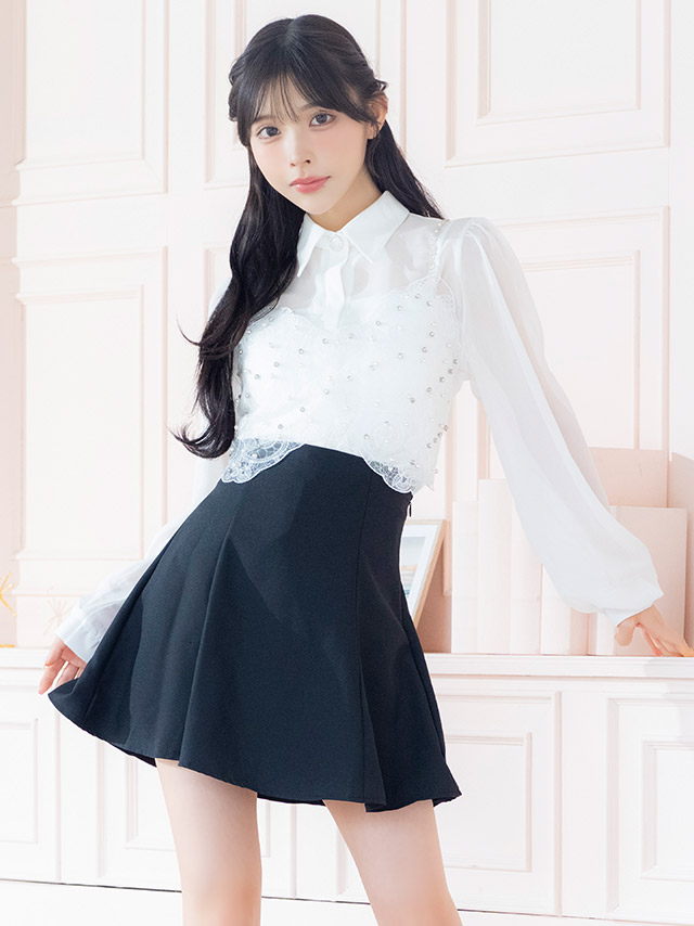 韓国ドレス ワンピース セットアップ キラキラ ビスチェ 長袖 袖あり シアー 襟付きシャツ 胸元カバー Aライン キャバドレスのイメージ画像2