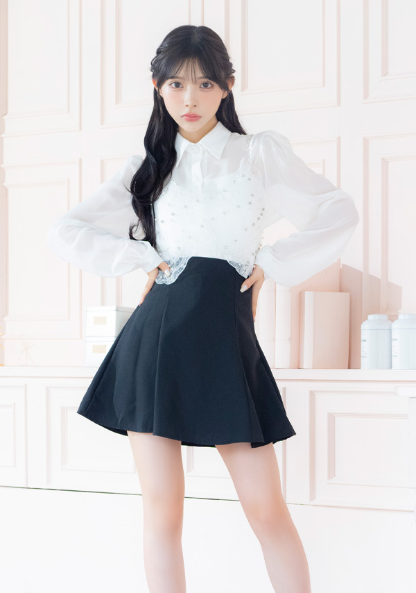 韓国ドレス ワンピース セットアップ キラキラ ビスチェ 長袖 袖あり シアー 襟付きシャツ 胸元カバー Aライン キャバドレスのイメージ画像2