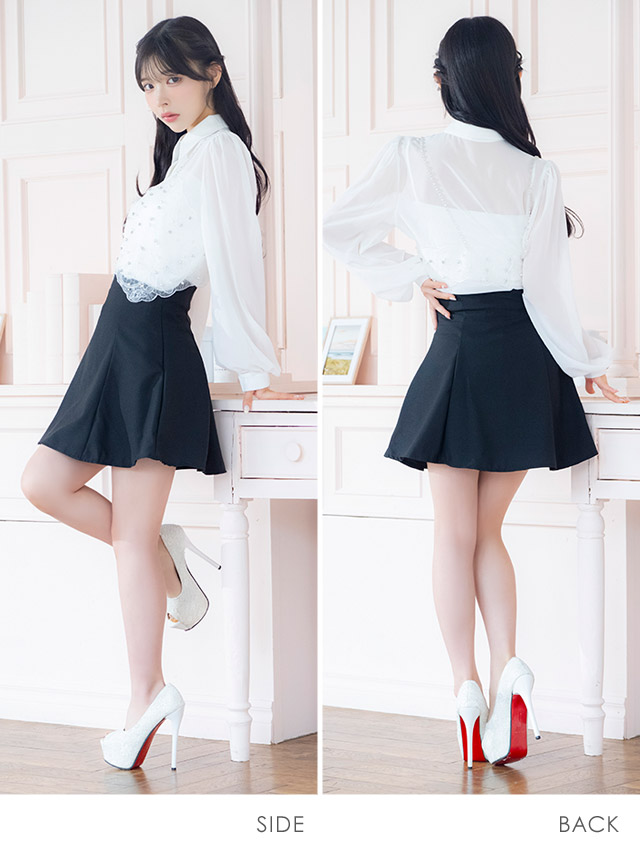 韓国ドレス ワンピース セットアップ キラキラ ビスチェ 長袖 袖あり シアー 襟付きシャツ 胸元カバー Aライン キャバドレスのサイドバッグ全身