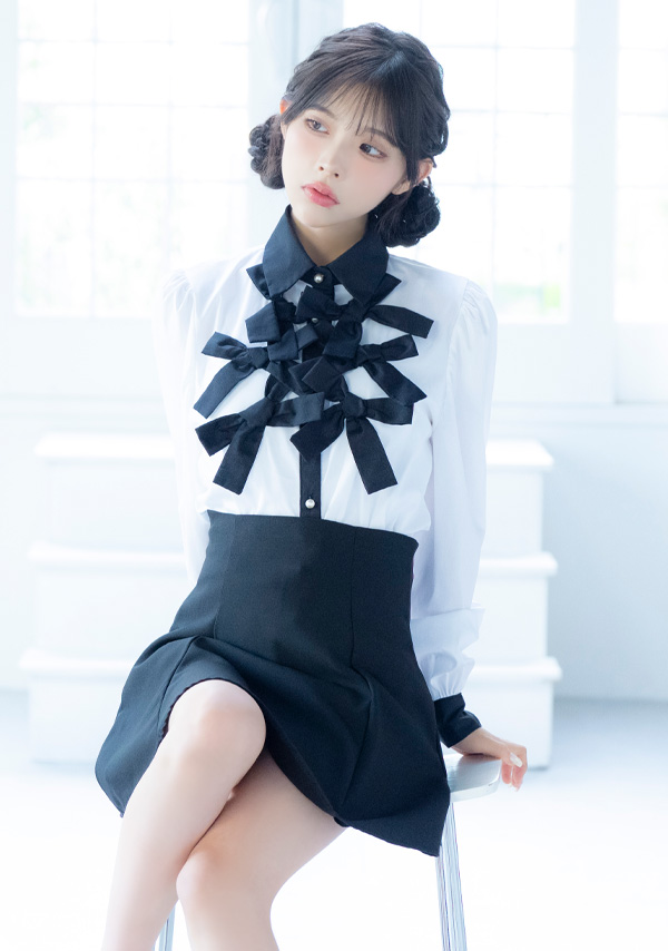 韓国ドレス ワンピース セットアップ 長袖 袖あり 襟付き モノトーン リボン シャツ セットアップ 胸元カバー Aライン キャバドレスイメージ画像1