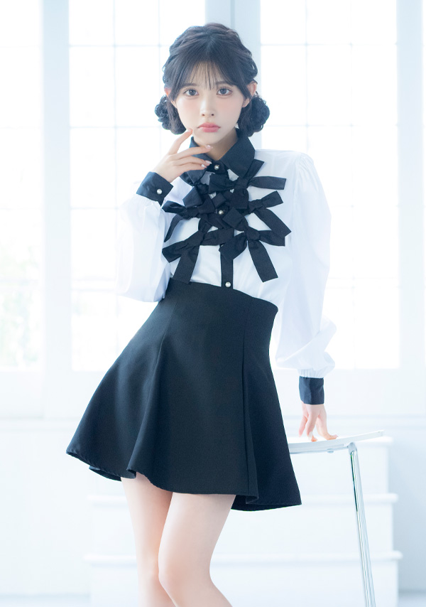 韓国ドレス ワンピース セットアップ 長袖 袖あり 襟付き モノトーン リボン シャツ セットアップ 胸元カバー Aライン キャバドレスイメージ画像1