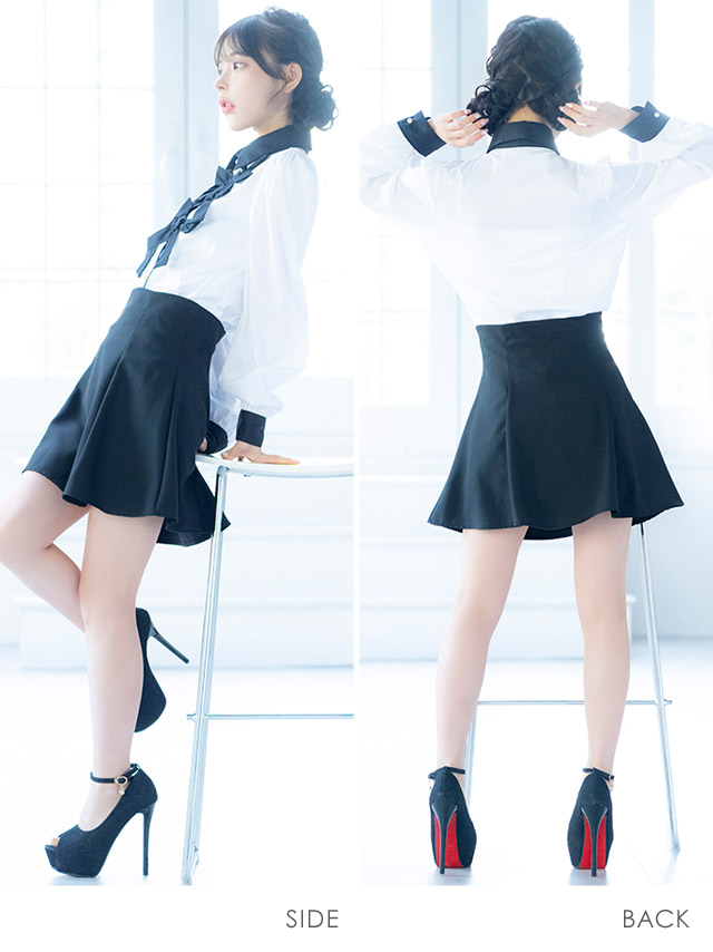 韓国ドレス ワンピース セットアップ 長袖 袖あり 襟付き モノトーン リボン シャツ セットアップ 胸元カバー Aライン キャバドレスのサイドバッグ全身