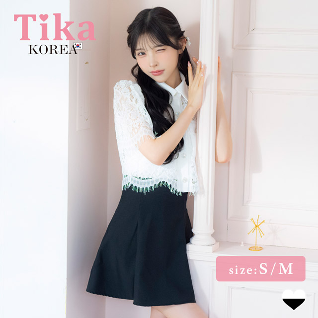 韓国ドレス ワンピース セットアップ 袖あり 襟付き スカラップレース シャツ 胸元カバー Aライン キャバドレスのメイン画像