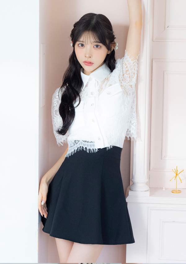 韓国ドレス ワンピース セットアップ 袖あり 襟付き スカラップレース シャツ 胸元カバー Aライン キャバドレスイメージ画像1