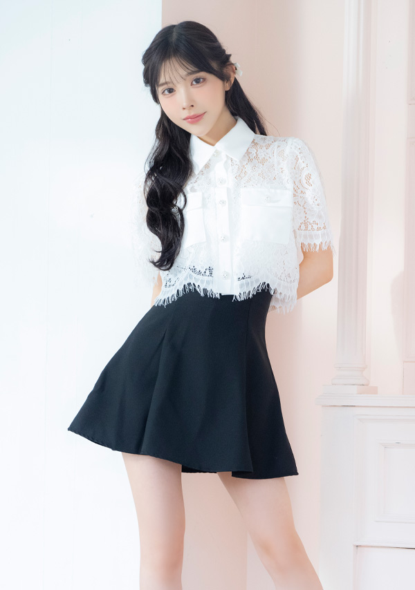 韓国ドレス ワンピース セットアップ 袖あり 襟付き スカラップレース シャツ 胸元カバー Aライン キャバドレスイメージ画像1