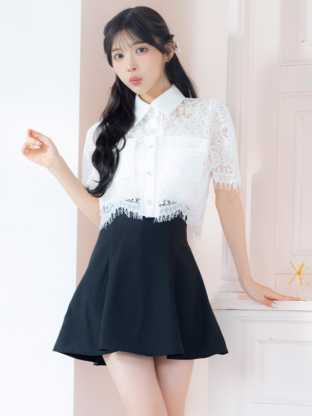 韓国ドレス ワンピース セットアップ 袖あり 襟付き スカラップレース シャツ 胸元カバー Aライン キャバドレスのイメージ画像2