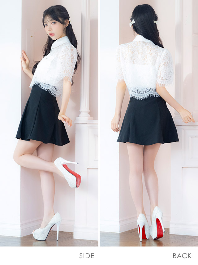 韓国ドレス ワンピース セットアップ 袖あり 襟付き スカラップレース シャツ 胸元カバー Aライン キャバドレスのサイドバッグ全身
