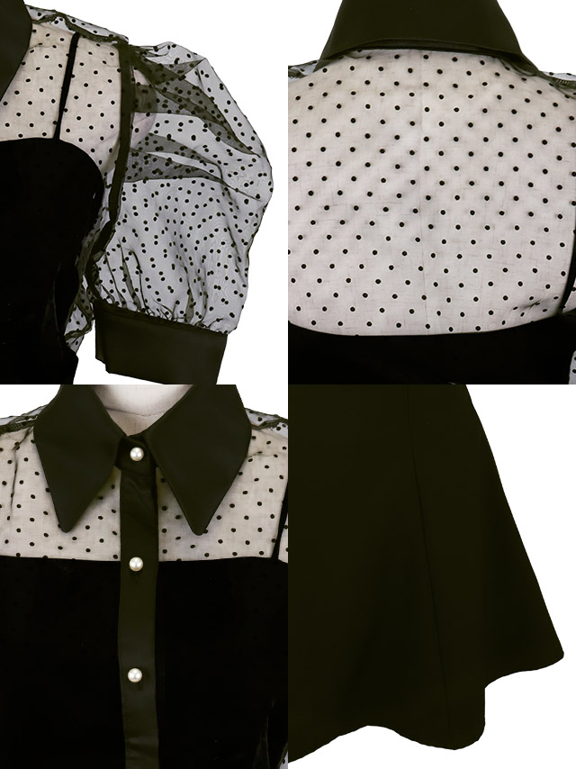 韓国ドレス ワンピース セットアップ 襟付き 半袖 ドット柄 シアーシャツ Aライン キャバドレスのディティール1