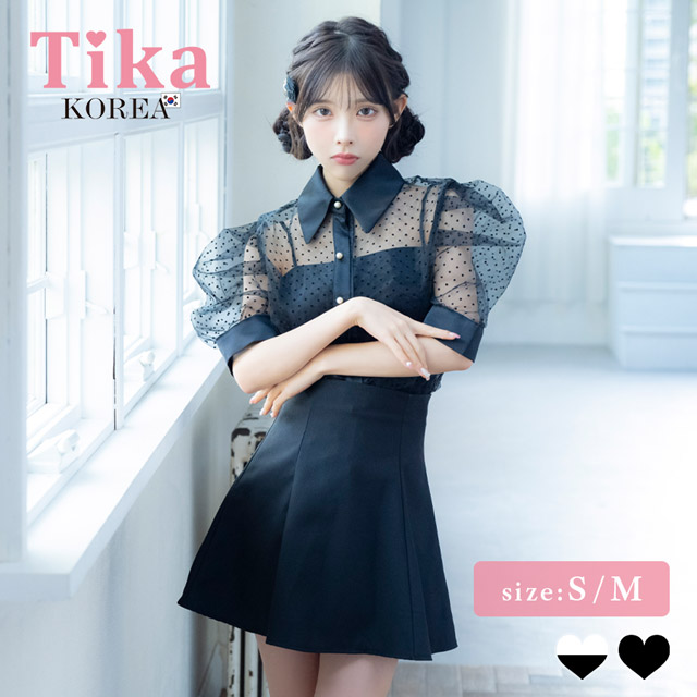 韓国ドレス ワンピース セットアップ 襟付き 半袖 ドット柄 シアーシャツ Aライン キャバドレスのメイン画像