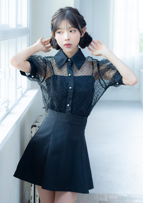 韓国ドレス ワンピース セットアップ 襟付き 半袖 ドット柄 シアーシャツ Aライン キャバドレスイメージ画像1