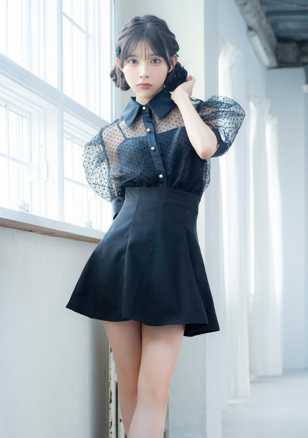 韓国ドレス ワンピース セットアップ 襟付き 半袖 ドット柄 シアーシャツ Aライン キャバドレスのイメージ画像2