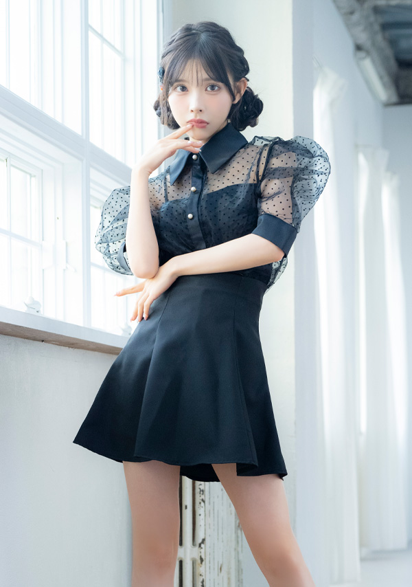 韓国ドレス ワンピース セットアップ 襟付き 半袖 ドット柄 シアーシャツ Aライン キャバドレスのイメージ画像2