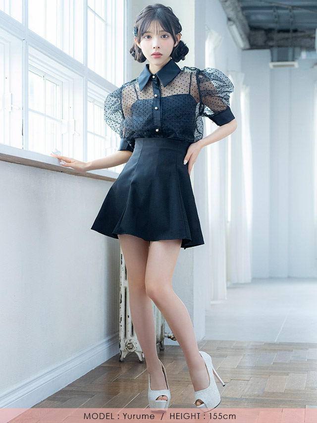 韓国ドレス ワンピース セットアップ 襟付き 半袖 ドット柄 シアーシャツ Aライン キャバドレスのフロント全身