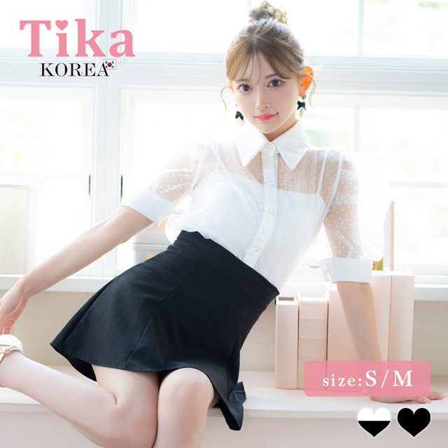 韓国ドレス ワンピース セットアップ 襟付き 半袖 ドット柄 シアーシャツ Aライン キャバドレスのメイン画像