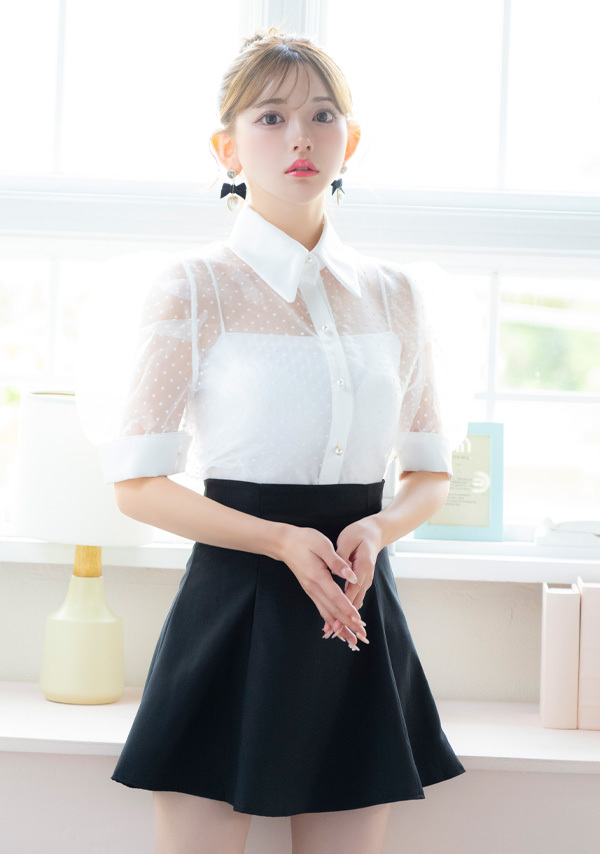 韓国ドレス ワンピース セットアップ 襟付き 半袖 ドット柄 シアーシャツ Aライン キャバドレスイメージ画像1