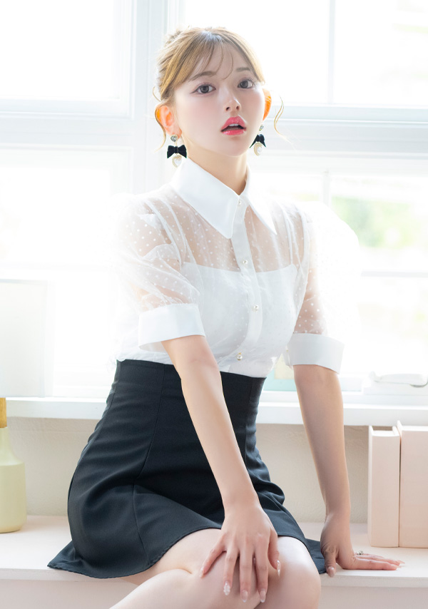 韓国ドレス ワンピース セットアップ 襟付き 半袖 ドット柄 シアーシャツ Aライン キャバドレスのイメージ画像2