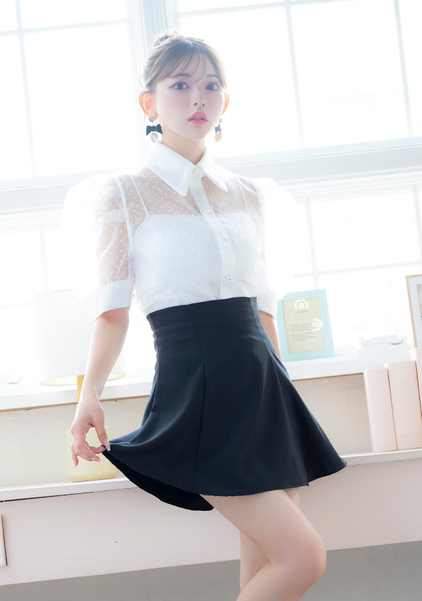 韓国ドレス ワンピース セットアップ 襟付き 半袖 ドット柄 シアーシャツ Aライン キャバドレスのイメージ画像2