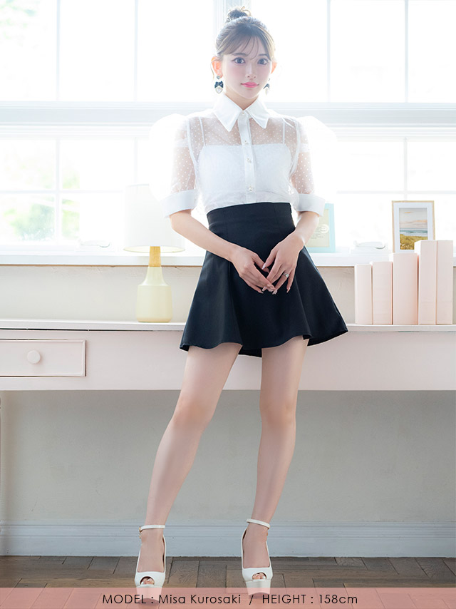 韓国ドレス ワンピース セットアップ 襟付き 半袖 ドット柄 シアーシャツ Aライン キャバドレスのフロント全身