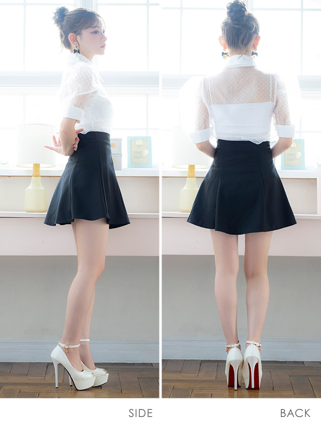 韓国ドレス ワンピース セットアップ 襟付き 半袖 ドット柄 シアーシャツ Aライン キャバドレスのサイドバッグ全身