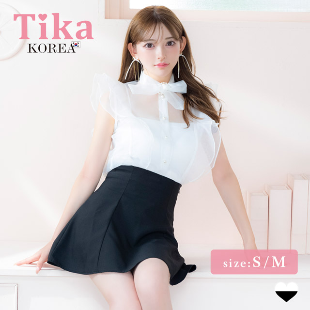 韓国ドレス ワンピース セットアップ ノースリーブ フリル 胸元カバー ボウタイネック リボン シアーシャツ Aライン キャバドレスのメイン画像