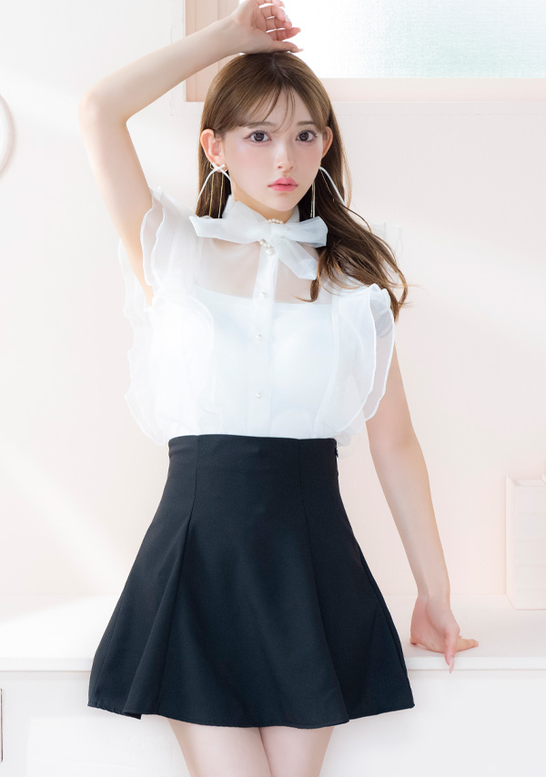 韓国ドレス ワンピース セットアップ ノースリーブ フリル 胸元カバー ボウタイネック リボン シアーシャツ Aライン キャバドレスイメージ画像1