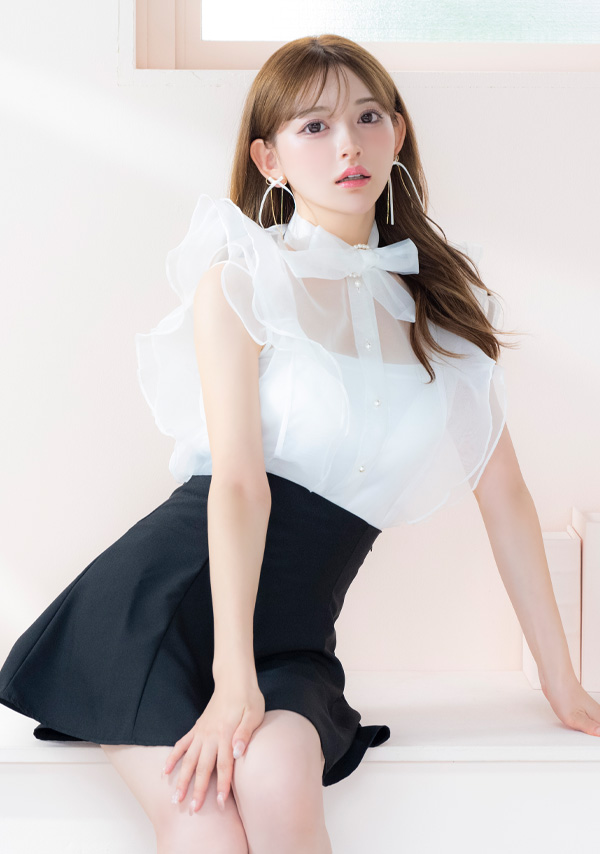 韓国ドレス ワンピース セットアップ ノースリーブ フリル 胸元カバー ボウタイネック リボン シアーシャツ Aライン キャバドレスイメージ画像1