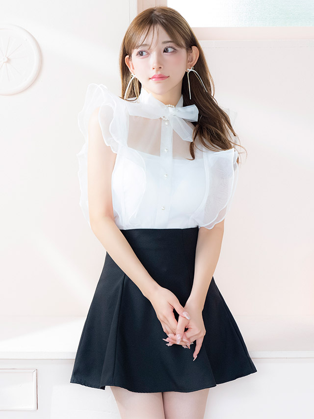 韓国ドレス ワンピース セットアップ ノースリーブ フリル 胸元カバー ボウタイネック リボン シアーシャツ Aライン キャバドレスのイメージ画像2