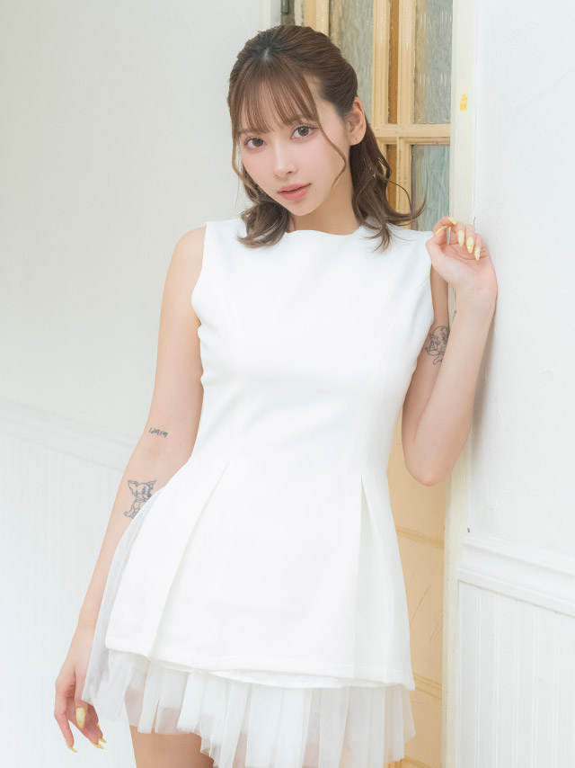 ワンピース Aライン ミニドレス ノースリーブ チュール 同伴 胸元カバー 下着のまま 白 キャバドレスイメージ画像1