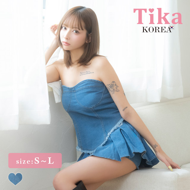 韓国ドレス ワンピース セットアップ シンプル ベア デニム プリーツ 同伴 Aライン ミニドレスのメイン画像