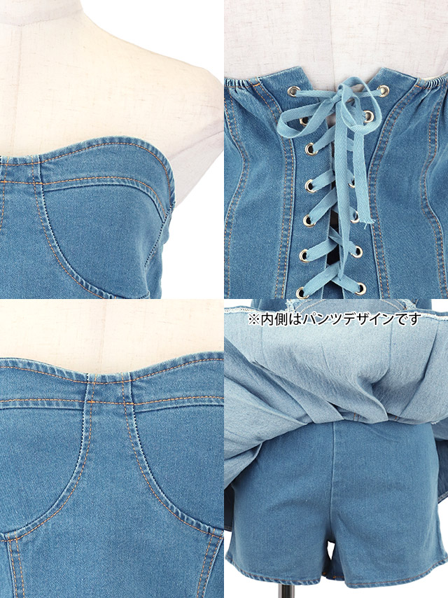 韓国ドレス ワンピース セットアップ シンプル ベア デニム プリーツ 同伴 Aライン ミニドレスのディティール1