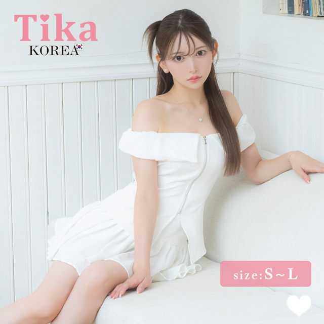 韓国ドレス ミニドレス 袖あり 五分袖 レース バストリボン ボックスプリーツ タイト キャバドレスのメイン画像