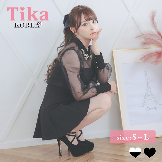 韓国ドレス ワンピース セットアップ ビジュー襟 長袖 ワンピース シアーブラウス スカートパンツ Aライン 黒 キャバドレスのメイン画像