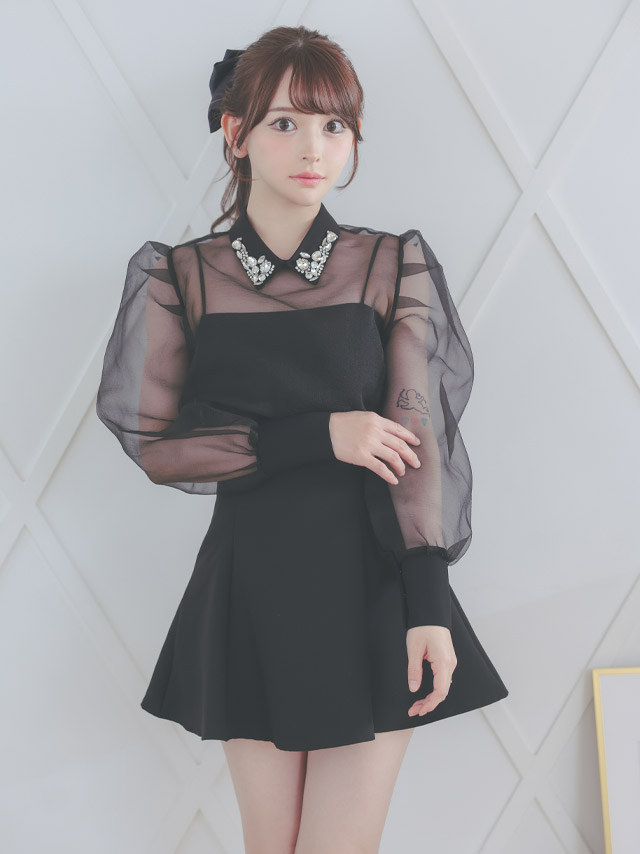 韓国ドレス ワンピース セットアップ ビジュー襟 長袖 ワンピース シアーブラウス スカートパンツ Aライン 黒 キャバドレスイメージ画像1