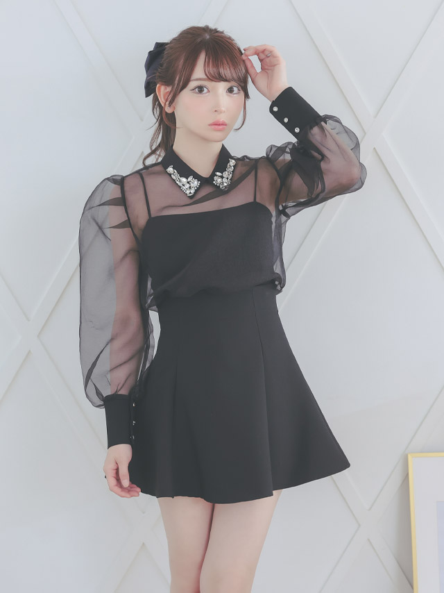 韓国ドレス ワンピース セットアップ ビジュー襟 長袖 ワンピース シアーブラウス スカートパンツ Aライン 黒 キャバドレスのイメージ画像2