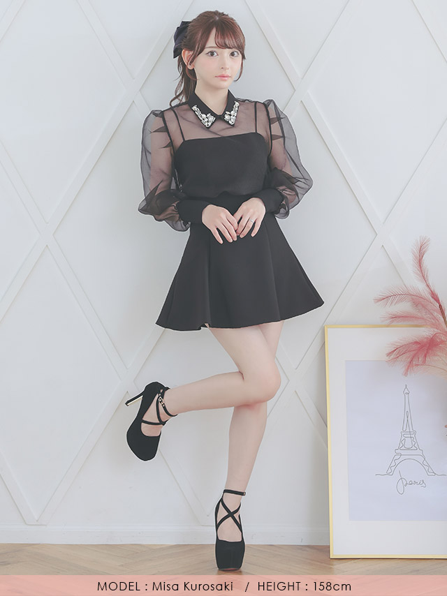 韓国ドレス ワンピース セットアップ ビジュー襟 長袖 ワンピース シアーブラウス スカートパンツ Aライン 黒 キャバドレスのフロント全身