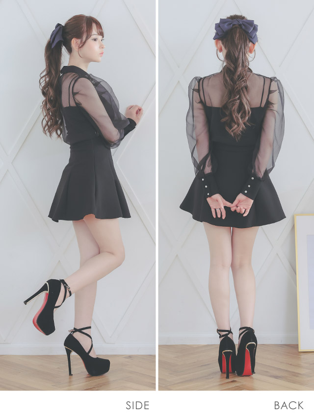 韓国ドレス ワンピース セットアップ ビジュー襟 長袖 ワンピース シアーブラウス スカートパンツ Aライン 黒 キャバドレスのサイドバッグ全身